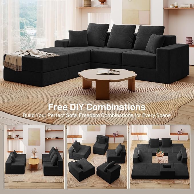 Living&Giving 101" U-Shaped Cloud Sectional Couch for Living Room, Cloud Boneless Couch-No Assembly with Reversible Chaise, Customizable 3-Seat Modular Sectional Sofa with 2 Ottoman, Black