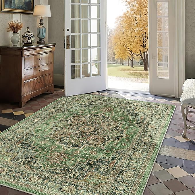 4x6 Area Rug for Bedroom Machine Washable Low Pile Vintage Distressed Rugs Stain Resistant Faux Wool Rug Ultra Soft Non-Slip Area Rugs for Living Room, Playroom, Kitchen,Home Office