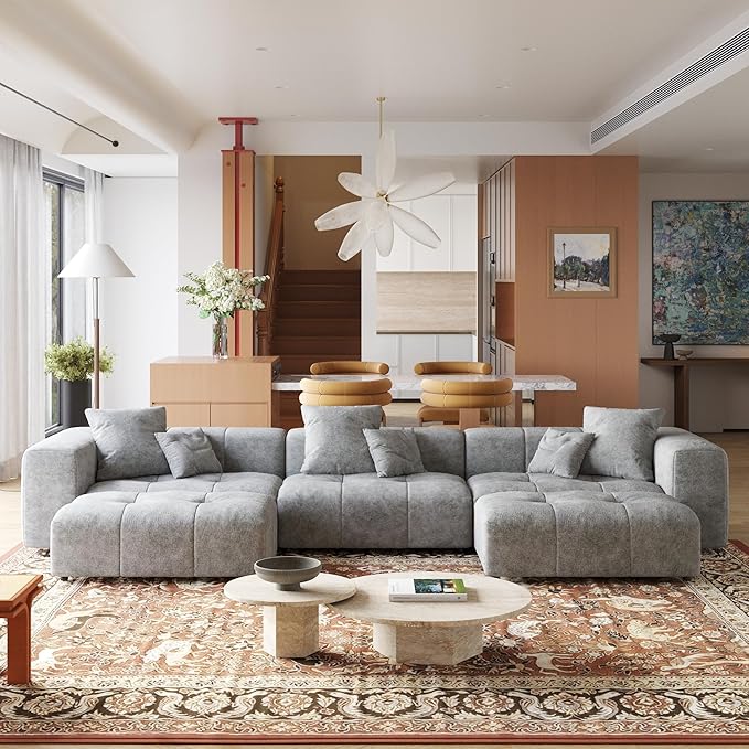 JACH 144.1 Inch U-Shaped Modular Sofa, Mid Century Modern Deep Seat Sectional Couch, 3-Seater Sofas with Chaise Ottomans for Living Room, Cozy Sofas for Apartment, Living Room (Linen Fabric, Grey)