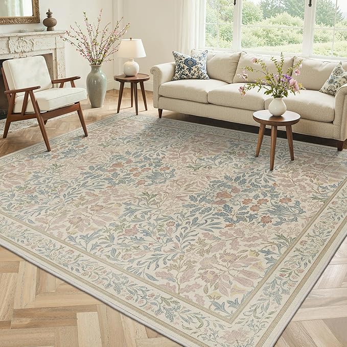 GENIMO 6x9 Washable Area Rug, Non-Slip Vintage Boho Floral Carpet, Soft Low-Pile Thin Living Room Rug for Bedroom, Dining Room, Nursery, Beige Pink