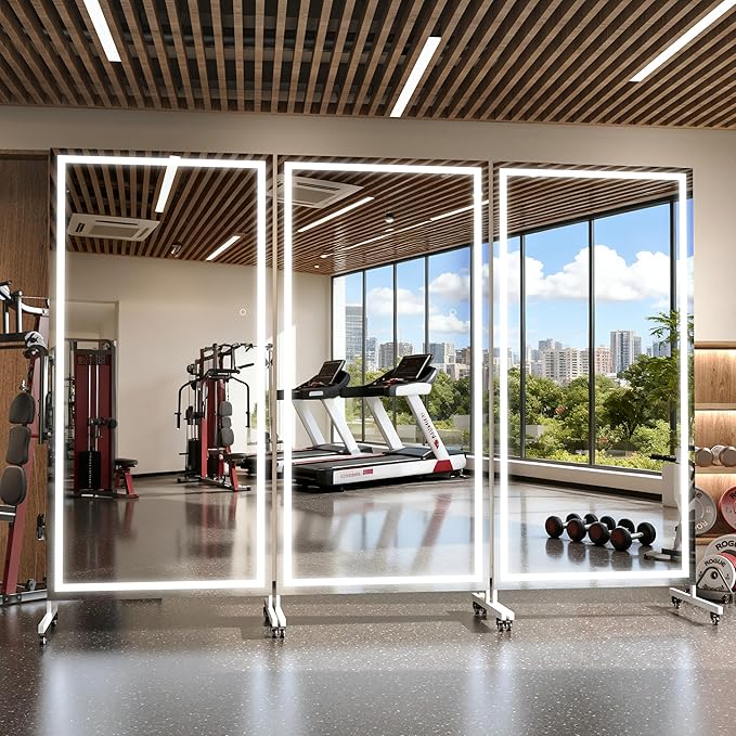 Hasipu Home Gym Mirror with Light 360° Swivel on Wheels, 75" x 32" Extra Large Full Length Rolling LED Mirror for Yoga Studio, Bedroom, Dancing Studio, White