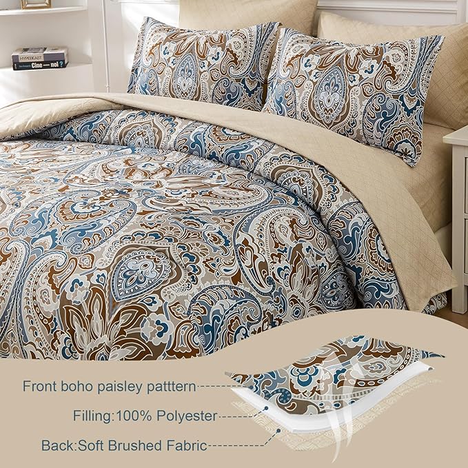 Drucon Brown Paisley Comforter Set Queen, 7 Pieces Bed in a Bag Comforter Boho Paisley Pattern Bedding Soft Microfiber Queen Size Comforter with Sheet & Pillowcase