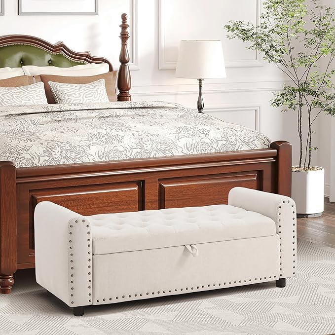 Ottoman with Storage, Tufted Storage Bench for Bedroom, 48" Fabrics End of Bed Bench, Upholstered Entryway Shoe Benches with Rolled Arm & Inner Zipper, Window Ottomans Chest with Rivets, Beige