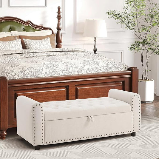 Ottoman with Storage, Tufted Storage Bench for Bedroom, 48" Fabrics End of Bed Bench, Upholstered Entryway Shoe Benches with Rolled Arm & Inner Zipper, Window Ottomans Chest with Rivets, Beige