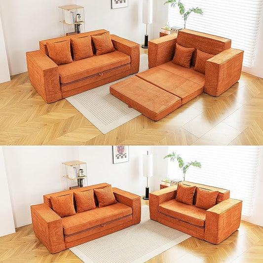 HOMREST Convertible Memory Foam 3-seat Sofa & Loveseat, Pull Out Sleeper Sofa Bed, 2 in 1 Folding Couch Bed, Fold Out Floor Couch Corduroy Fabric with Pillows for Living Room Bedroom Lounge(Brown)