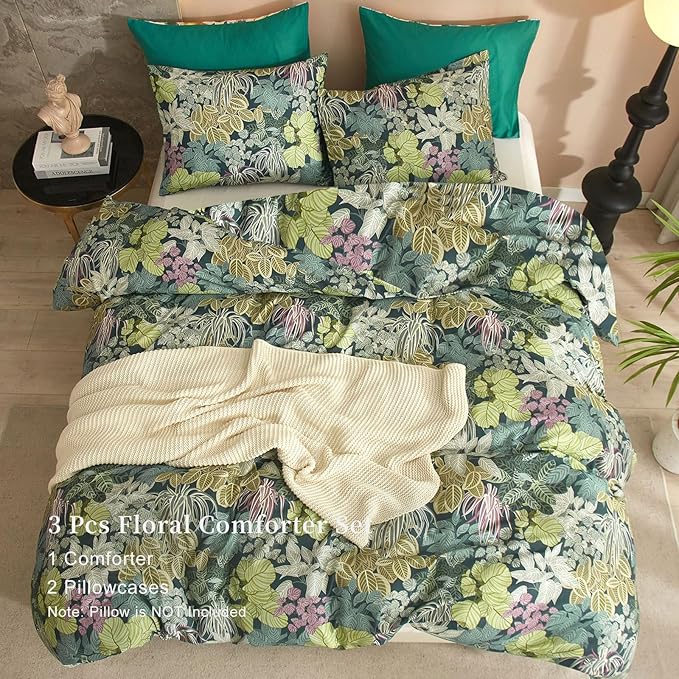 EAVD Green Leaves Botanical Comforter Set Soft Fluffy Microfiber Tropical Leaf Bedding Set with 2 Pillowcases Reversible Plant Leaves Comforter Set for All-Season