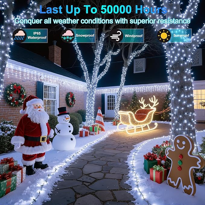 350LED 90FT Christmas Lights Indoor Outdoor, 12 Modes Cool White Outdoor String Lights with Timer & Dimmable, Green Wire Christmas String Lights for Tree Patio Yard Fence Bedroom Wedding Garden Decor