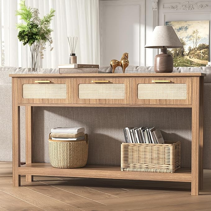 ELYKEN 51.2" Entryway Table with 3 Rattan Drawers, Boho Console Table Narrow with Storage, Long Sofa Table for Behind Couch Entry Hallway, Entrance, Living Room, Oak Brown