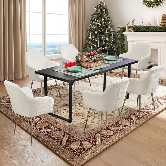 ECOTOUGE Modern Dining Chairs Set of 6, Upholstered Dining Room Chairs with Golden Metal Legs, Teddy Velvet Kitchen Chairs for Dining Table, Accent Chairs for Living Room, Cream White