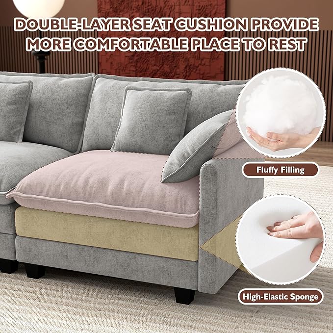Ihanherry 114" V-Shaped Modern Sofa Modular Sectional Cloud Couch with 2 Ottoman, 7-Seat Chenille Deep Seat Sofa with Corner Section for Living Room, Bedroom and Apartment, Grey