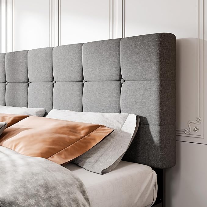 MUTICOR Full Size Bed Frame with 4 Storage Drawers, Upholstered Platform Bed with Button Tufted Adjustable Headboard, No Box Spring Needed, Easy Assembly, Square Tufted, Light Grey Fabric