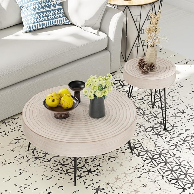 COZAYH 2-Piece Modern Farmhouse Living Room Coffee Table Set, Round Table Natural Finish with Handcrafted Wood Ring Motif, White