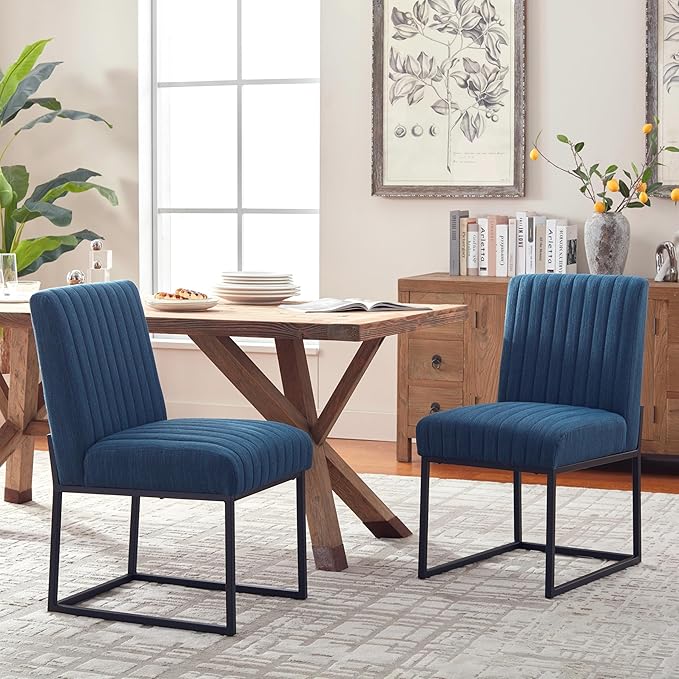 VKNOW Upholstered Dining Chairs Set of 4, Modern Dining Room Chairs with Stripe, Linen Kitchen Chair Dinner Chair with Black Metal Base for Kitchen Office, Blue