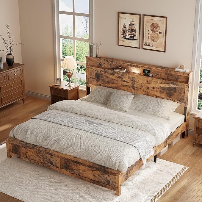 Farmhouse Wooden Bed Frame King Size with Storage Headboard, Boho Platform Bedframe with LED Lights and Charging Station, Metal Slats Support, No Box Spring Needed, Brown