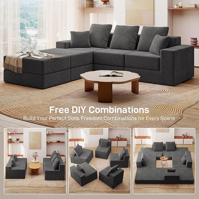 Living&Giving 101" U-Shaped Cloud Sectional Couch for Living Room, Cloud Boneless Couch-No Assembly with Reversible Chaise, Customizable 3-Seat Modular Sectional Sofa with 2 Ottoman,Dark Grey