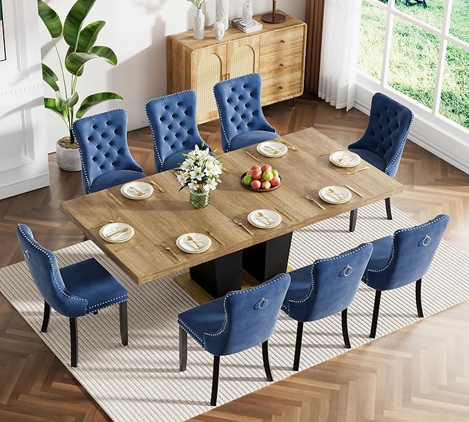 Goujxcy 78.7" Extendable Dining Room Table Set for 8, 9-Piece Farmhouse Kitchen Dining Room Table Set with Wood Base and 8 Black Velvet Tufted Chairs, Extending Kitchen & Dining Table Set of 8