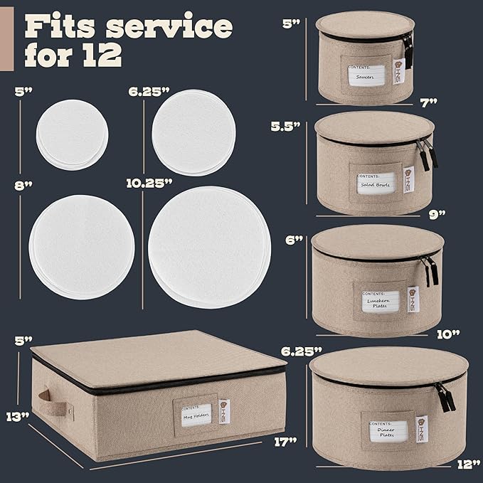 Hard Shell China Storage Containers 5-Piece Set Moving Boxes for Dinnerware, Glasses, Plates, Mugs and Saucers Sturdy Dish Organizer with Dividers for Seasonal Storage - Service for 12 - Brown