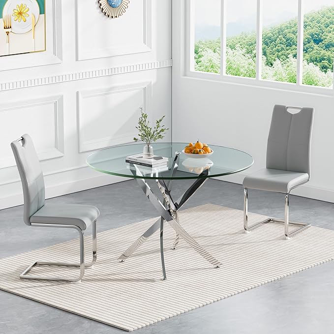 Goujxcy 3 Pieces Round Dining Table Set for 2, Modern Silver Glass Kitchen Table and Chairs for 2 with Upholstered Chairs, Circle Coffee Dining Table Set for Small Space,Apartment,Office