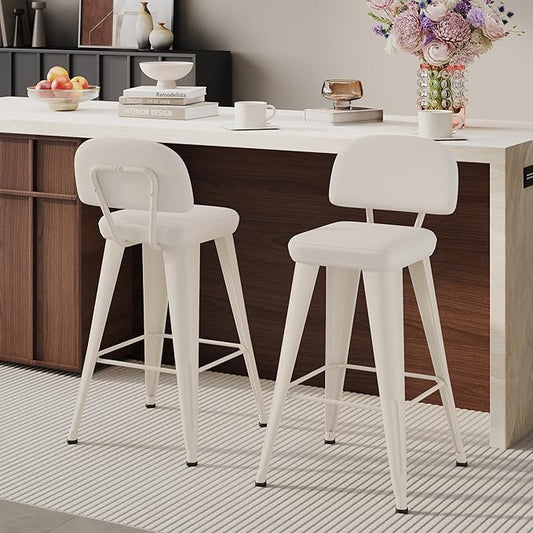 Aklaus PU Leather Metal Bar Stools 26 inch Faux Leather Counter Height Barstools Set of 2 Modern Farmhouse Bar Chairs with High Backs and Faux Leather Seat for Kitchen Island Dining Room Off White