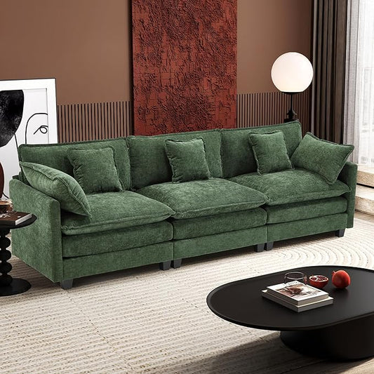 Ihanherry 111.4 Inch 3-Seater Cloud Sofa, Modular Sectional Couch, Modern Deep Seat Sofa for Living Room, Comfy Double Layer Upholstered Seat Cushion, Breathable Chenille Fabric, Green