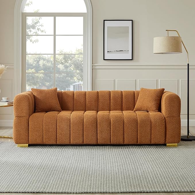 VANOMi Sofa and Chair Set, Modern Deep Seat Couch & Boucle Sofa Chairs, Oversized Upholstered Couch Sets for Living Room, Bedroom, Office, Apartment, Curry (3 Pieces)
