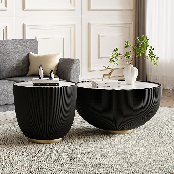 Black Round Coffee Table with Sintered Stone Tabletop, 27.56" Drum Coffee Table with Fluted PU Leather Covered and Metal Base, Circle Cocktail Tea Table for Living Room