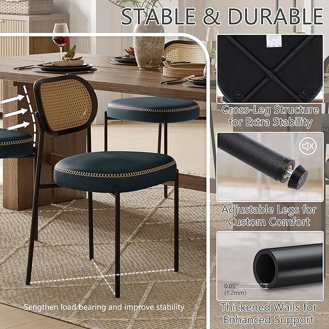 Rattan Dining Chairs Set of 6, Blue Leather Upholstered Dining Chairs with Rattan Cane Back, Mid Century Modern Dining Room Chairs with Black Metal Legs & D-Shaped Thicken Cushion, Blue