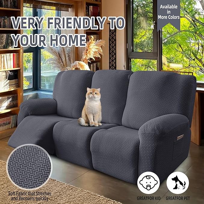 Genina Recliner Sofa Covers - Stretch Reclining Couch Covers with Stripe Jacquard - 3 Seat Cushion Slipcovers with Soft Fabric - Furniture Protector for Pet Kid (Dark Gray)