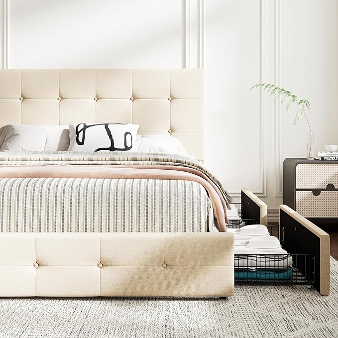 MUTICOR Queen Size Bed Frame with 4 Storage Drawers, Upholstered Platform Bed with Button Tufted Adjustable Headboard, No Box Spring Needed, Easy Assembly, Square Tufted, Beige Fabric