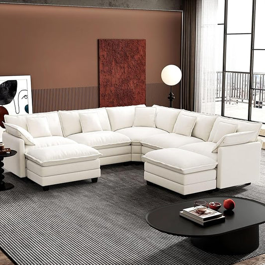 Ihanherry 114" V-Shaped Modern Sofa Modular Sectional Cloud Couch with 2 Ottoman, 7-Seat Chenille Deep Seat Sofa with Corner Section for Living Room, Bedroom and Apartment, Beige