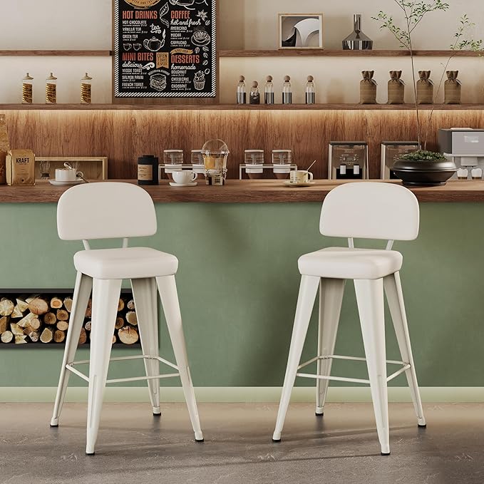 Aklaus PU Leather Metal Bar Stools 30 inch Faux Leather Bar Height Barstools Set of 2 Modern Farmhouse Bar Chairs with High Backs and Faux Leather Seat for Kitchen Island Dining Room Off White