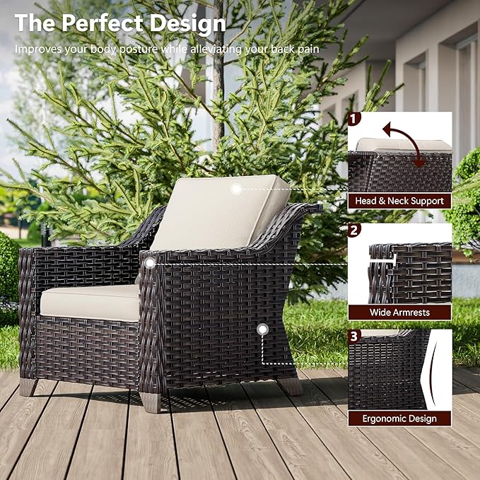 4 Pieces Wicker Patio Furniture, Luxury Outdoor Furniture with 2 Pieces Patio Rattan Chair, 2 Patio Ottoman, Wide Armrest, Thickened Cushions, Ideal for Deck, Porch Use