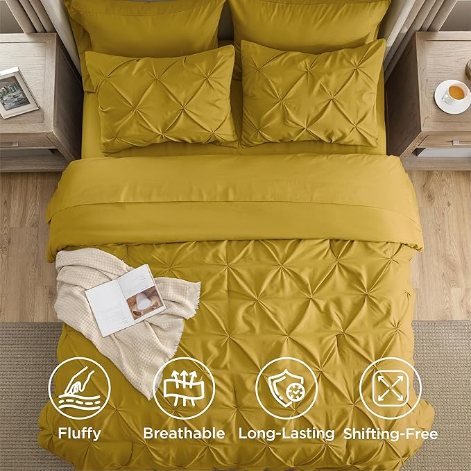 Bedsure Full Comforter Set Mustard Yellow - Bed in a Bag Full Size Bedding Set 7 Pieces, GentleSoft™ Pintuck Bed Set Gift for Family, Pinch Pleat All Season Comforter with Sheets, Pillowcases & Shams