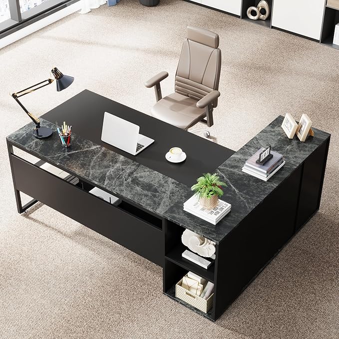 LITTLE TREE Large Executive Desk with File Cabinet, 71 inch L Shaped Computer Desk Office Desk with Drawers and Storage Shelves, Business Furniture Desk Workstation for Home Office, Black