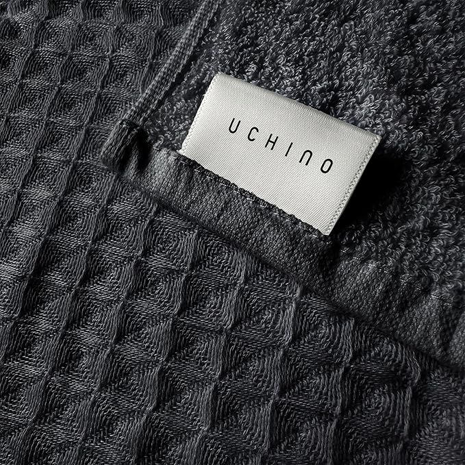 UCHINO Waffle Twist Cotton Weave Hand Towel for Bathroom Lightweight Absorbent Quick Dry Honeycomb Texture Solid Terry Loop Reverse 20" x 30", 1 Hand Towel, Ebony