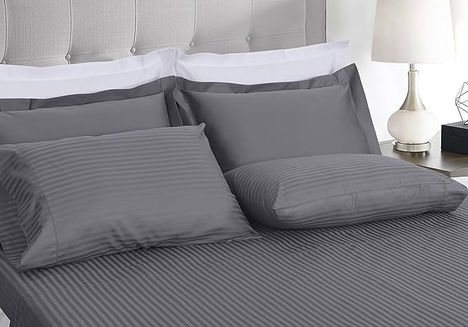 Threadmill 100% Cotton Sheets for King Size Bed - 600 Thread Count King Bed Sheets Set with 16” Deep Pocket - Damask Stripe Sateen Weave 4-Piece Bedding Set with Cooling Effect, Dark Grey