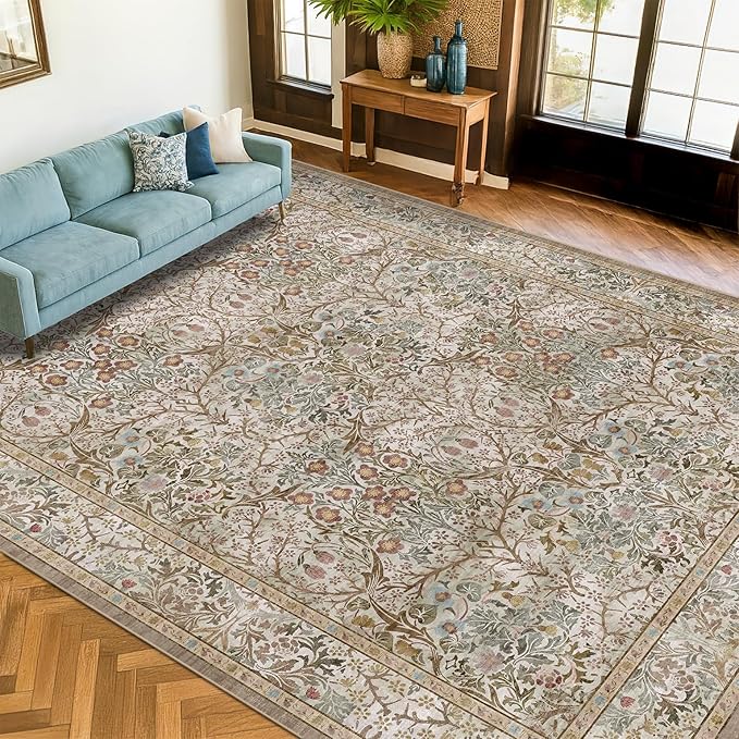 Vintage Moss Green Living Room Rug, 7x10 Washable Large Area Rugs for Bedroom, Dining Room Rugs Under Kitchen Table, Oriental Taupe Low Pile Stain Resistant Non-Slip