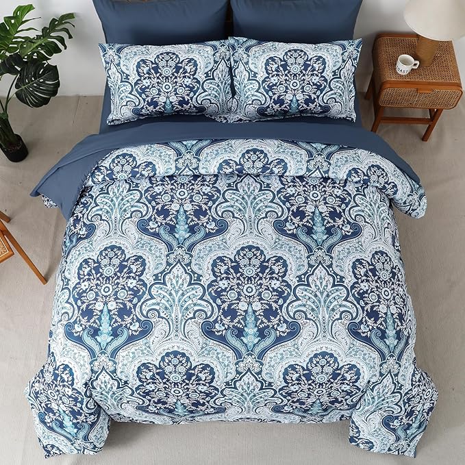 Drucon Paisley Comforter Set King Size, 7 Pieces Bed in a Bag Blue Boho Comforter, Soft Lightweight Microfiber Bedding Set (1 Comforter, 1 Flat Sheet, 1 Fitted Sheet, 2 Pillow Shams, 2 Pillowcases)