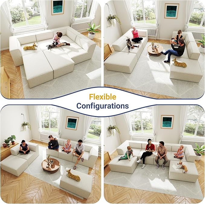38“ Modular Sectional Sofa Convertible Cube Thick Couch Seat Set, Combine L-Shaped U-Shaped, Free Assembly, Space-Saving for Living Room, Fabric Chenille Beige White (Only Armless)