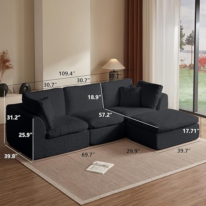 Cilee 110" Modular Sectional Sofa, Cloud Couch with Deep Seat, L-Shape Boneless Sofa, 3 Seat Memory Foam Sofa, No Assembly Required, Upholstered Couch for Living Room, Movable Ottoman, Chenille, Black