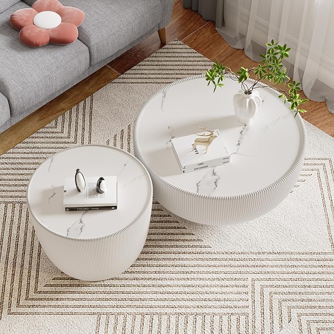 Round Coffee Table Set with Sintered Stone Tabletop, 27.56" White Drum Center Table and 19.69" White Coffee Table Set, 2 Pieces Living Room Table Set with Fluted PU Leather Cover& Metal Base