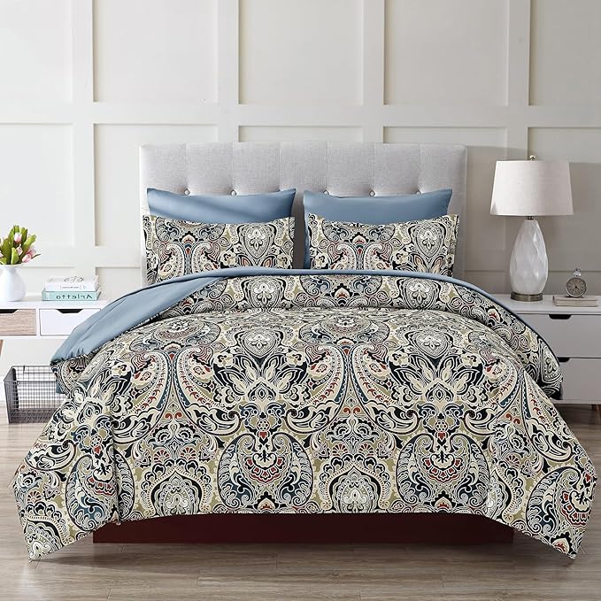 Drucon Boho Comforter Set King, 7 Pieces Bed in a Bag Paisley Comforter Bedding Set Soft Microfiber King Size (1 Blue Comforter, 1 Flat Sheet, 1 Fitted Sheet, 2 Pillow Shams, 2 Pillowcases)