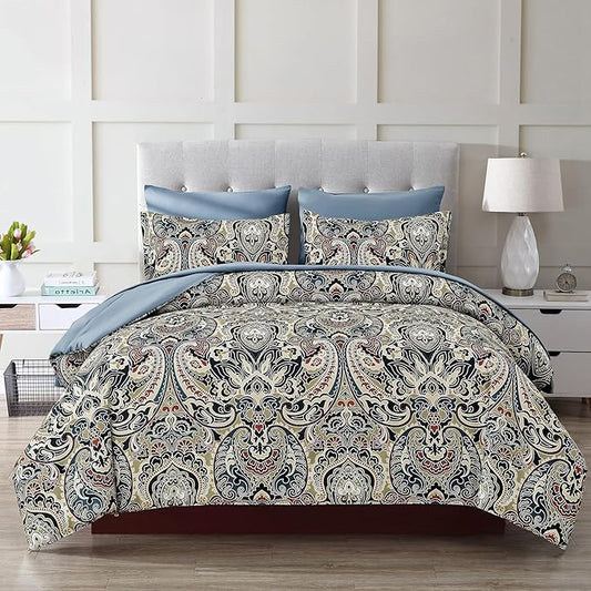 Drucon Boho Comforter Set King, 7 Pieces Bed in a Bag Paisley Comforter Bedding Set Soft Microfiber King Size (1 Blue Comforter, 1 Flat Sheet, 1 Fitted Sheet, 2 Pillow Shams, 2 Pillowcases)
