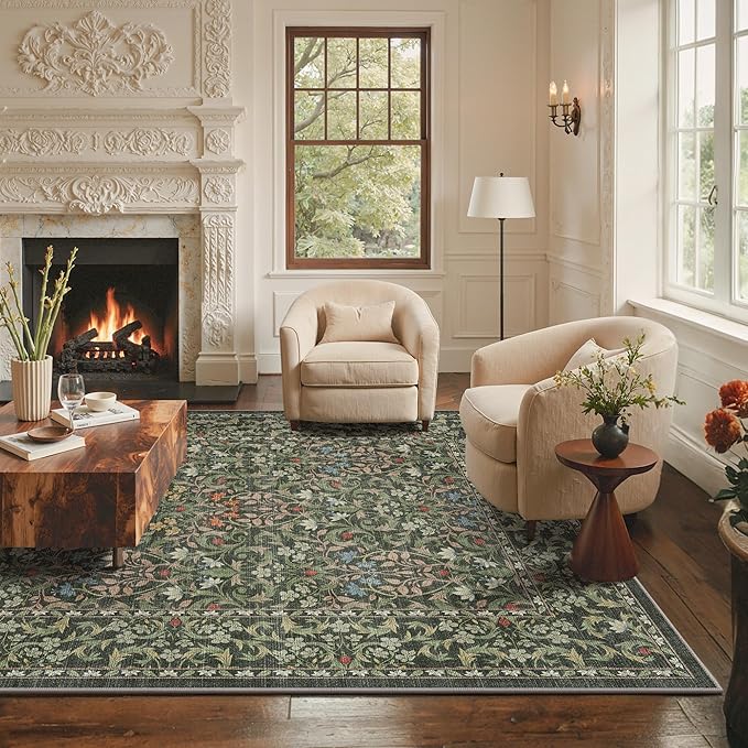 GENIMO 5x7 Floral Area Rug for Living Room, Vintage Boho Non-Slip Carpet, Soft Low-Pile Lightweight Indoor Rug, Stain Resistant Thin Rug for Bedroom, Dining Room, Nursery, Emerald Green