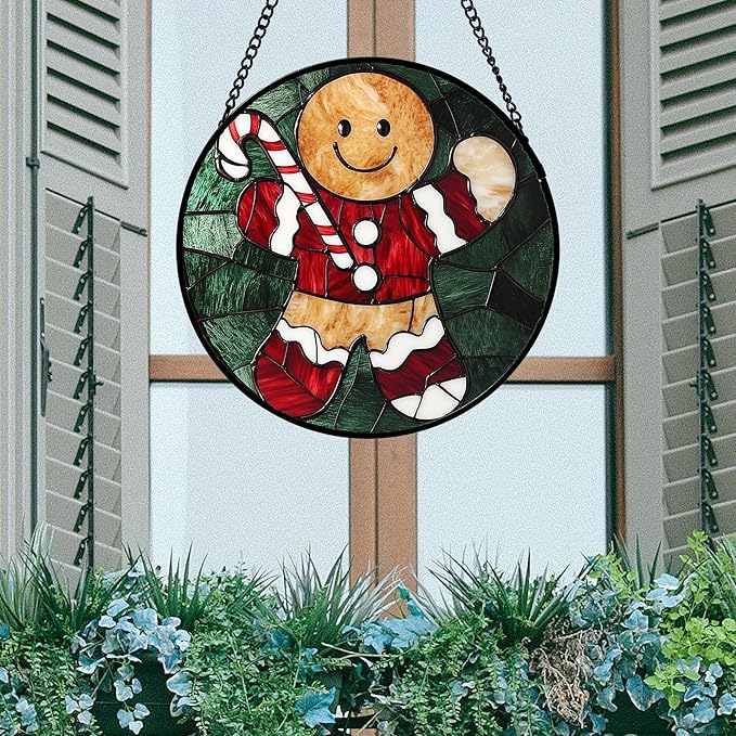 Stained Glass Window Hanging 4 Pcs Set Red Christmas Stockings and Gingerbread 7.8" - Suncatcher Door Garden Sun Catcher Decor Birthday Mother's Day Xmas Gifts for Mom Woman Nana Men