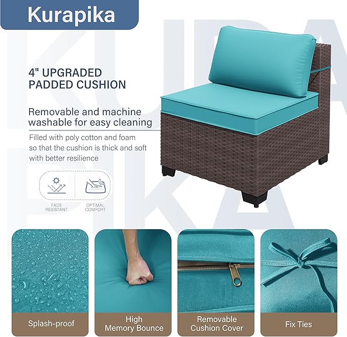 Kurapika 7 Pieces Patio Furniture Set, Rattan Wicker Outdoor Conversation Sets w/4 Inch Cushion and Glass Coffee Table(Blue)