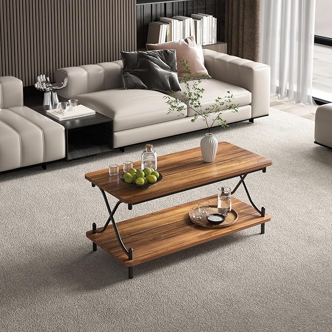 VECELO 39-Inch Coffee Table with Storage and Open Shelves for Living Dining Room, Modern Rectangle & Industrial Design, X-Shape Frame, Brown