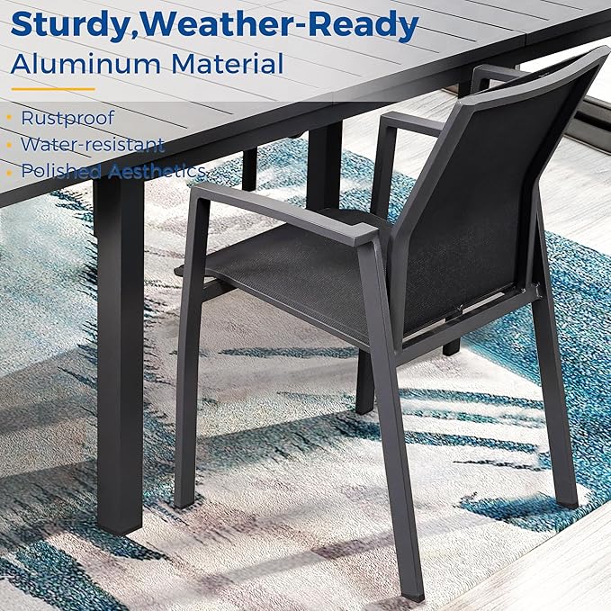 11 Piece Aluminum Outdoor Patio Dining Sets with Fully Assembled Dining Chair，91.3"L×39.4"W Expandable Patio Table and Chairs Set for 10, Stackable Chairs with Quick Drying Fabric, Grey