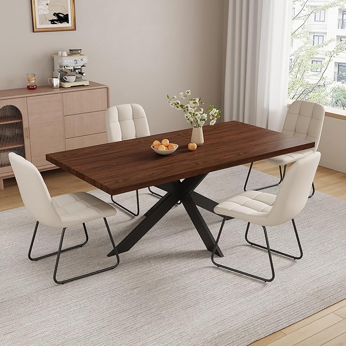 ZckyCine 7-Piece Dining Table Set with 51"-67" Extendable Walnut Wood Table and 6 PU Leather Chairs, Modern Rectangular Kitchen Table Set with Metal Legs, Seats 6, Easy Assembly