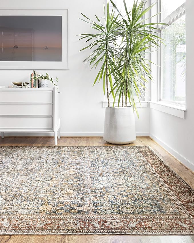 Loloi Layla Collection LAY-04 Ocean/Rust 2'-3" x 3'-9" .13" Thick Accent Rug, Soft, Durable, Vintage Inspired, Distressed, Low Pile, Non-Shedding, Easy Clean, Printed, Living Room Rug